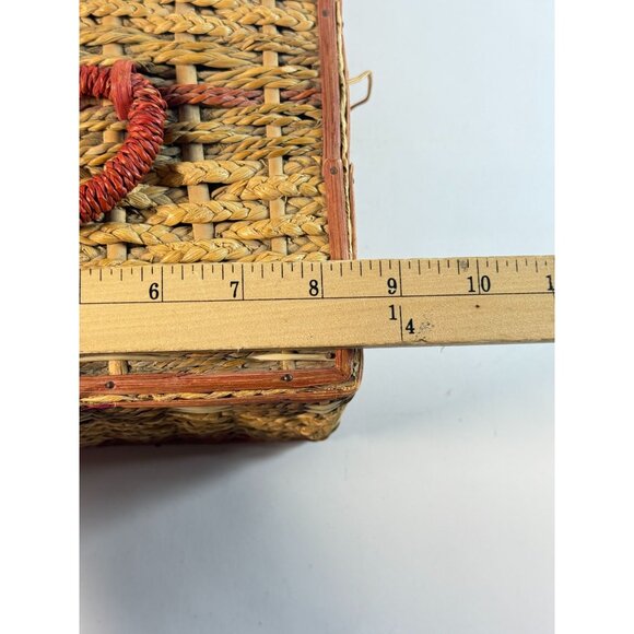 Woven Vintage Sewing Basket Pink Satin Lined Box w/ Wooden Dividers - Picture 8 of 11